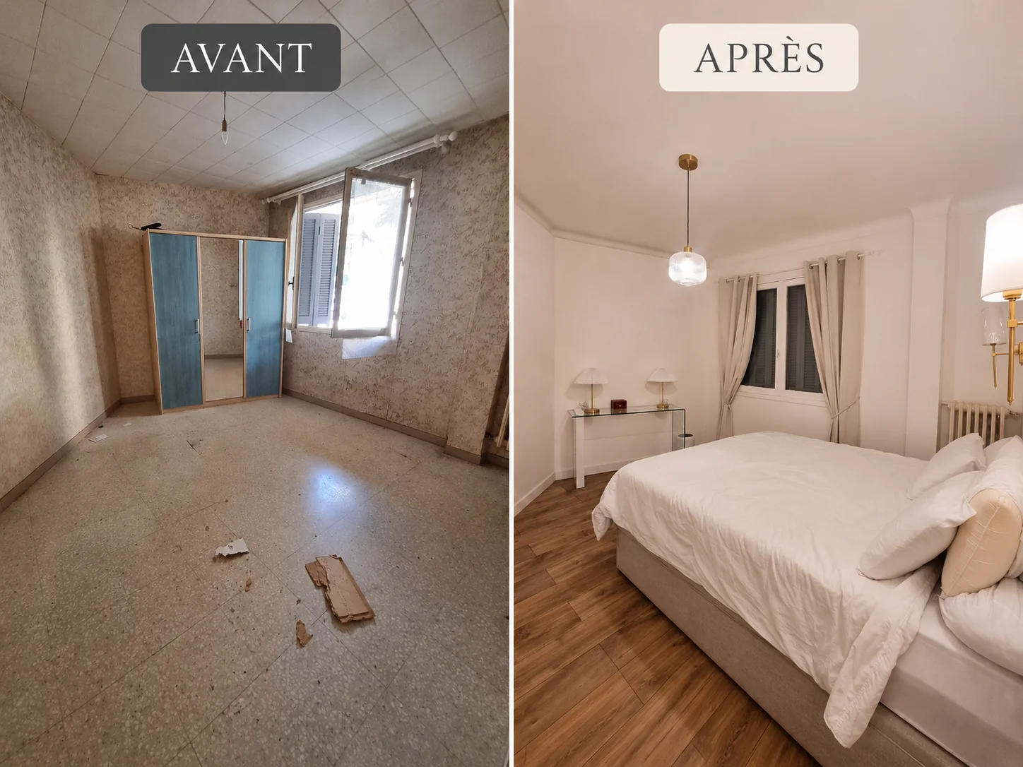 Chambre — avant et après rénovation